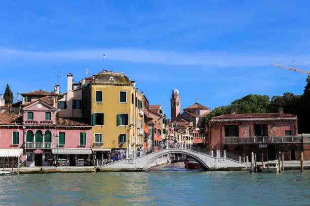 Photo of Venetsian blue cityscape, buildings and bridge in Venice, Italy