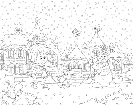 Little child strolling with a cheerful pup through a snow-covered park of a small town on a snowy winter day, black and white vector illustration in a cartoon style for a coloring book