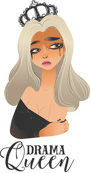 Drama queen - blonde woman in black crown and sparkly dress crying with sad face and mascara tears, isolated hand drawn vector illustration on white background