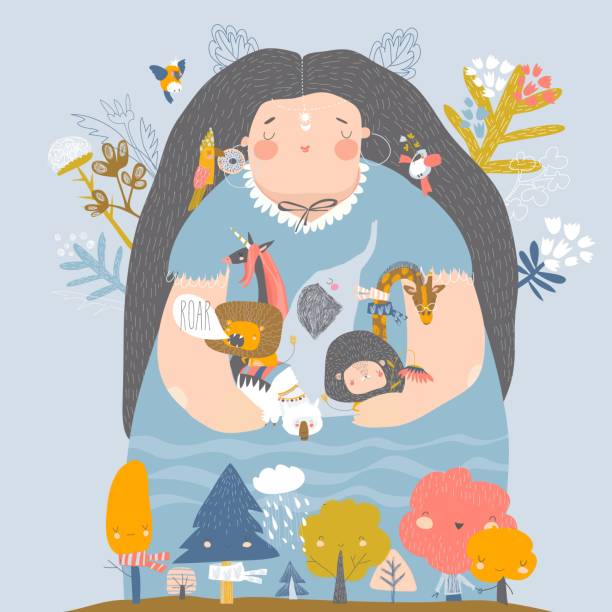 ilustrações de stock, clip art, desenhos animados e ícones de conceptual illustration of mother earth hugging animals - earth globe mother child