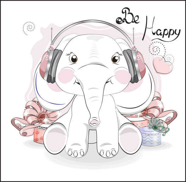 ilustrações de stock, clip art, desenhos animados e ícones de elephant in earphones and gifts - newborn animal audio