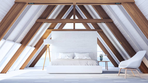 istock Beach bedroom in A frame wooden house - easy and relax / 3D rendering interior 1182728820