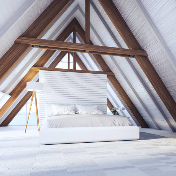 istock Beach bedroom in A frame wooden house - easy and relax / 3D rendering interior 1182728821