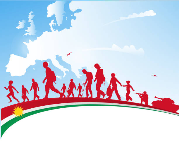 immigration people with kurdistan flag on europe  map background immigration people with kurdistan flag on europe  map background kurdistan stock illustrations