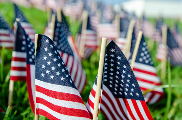 American Flags have been placed in the ground to honor the victims of Nine-Eleven. stock photo