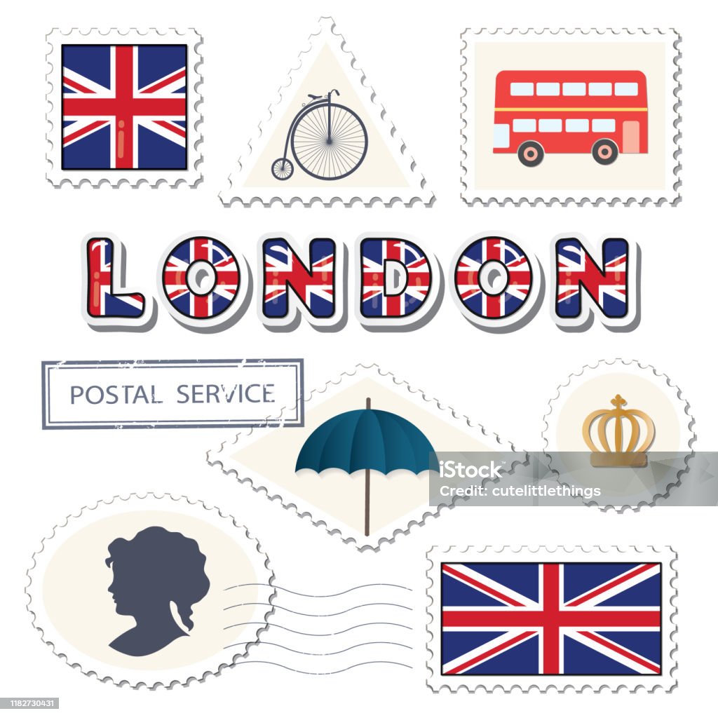 Verzendkosten Set Decoratieve Britse Postzegels Britse Nationale Vlag Van Grootbrittannië Heldere Stickers Voor Toerisme Of Pakket Ontwerp Vector Stockvectorkunst meer van Londen - Engeland - iStock
