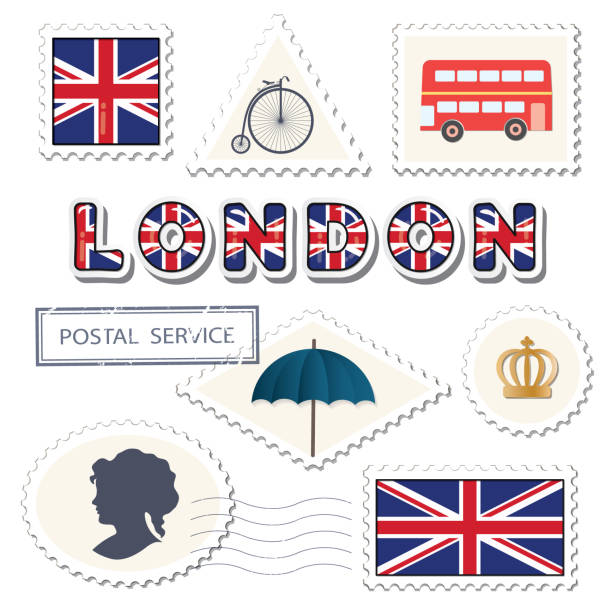 London postage set. Decorative british stamps. Great Britain UK national flag. Bright stickers for tourism or package design. Vector London postage set. Decorative british stamps. Great Britain UK national flag. Bright stickers for tourism or package design. Vector illustration red crown logo stock illustrations