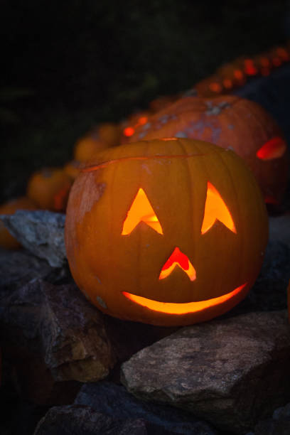 istock Illuminated Jack-O-Lantern family visiting the Black Forest 1182730915