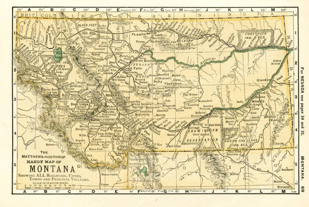 ilustraciones, imágenes clip art, dibujos animados e iconos de stock de mapa de montana 1898 - montana map usa old