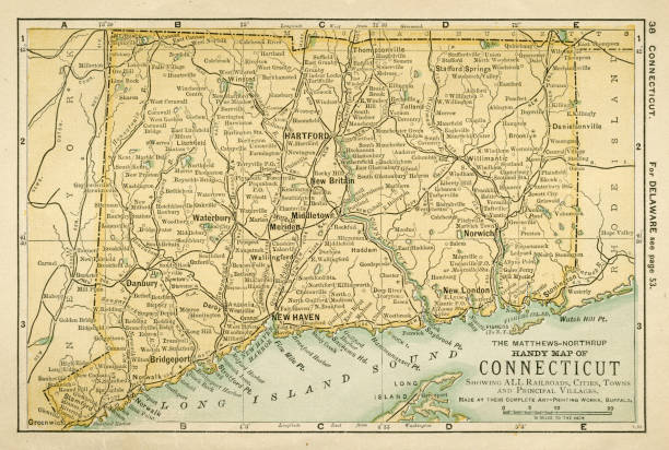 illustrazioni stock, clip art, cartoni animati e icone di tendenza di mappa del connecticut usa 1898 - connecticut map