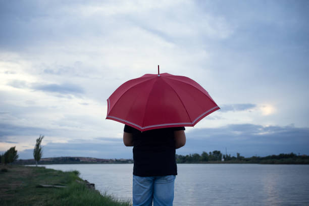 istock boy with red umbrella from behind on the river bank 1182735337