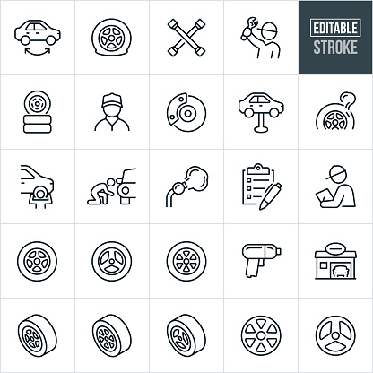 A set tire shop icons that include editable strokes or outlines using the EPS vector file. The icons include tires, rims, tire rotation, tire shop, flat tire, tire iron, mechanic, brakes, tire install, air compressor, checklist, impact wrench and other related icons.