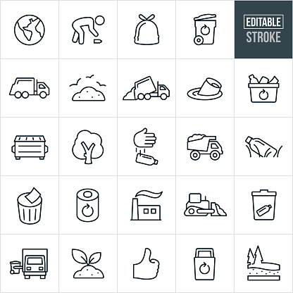 A set garbage and recycling icons that include editable strokes or outlines using the EPS vector file. The icons include the earth, person picking up trash, trash bag, garbage can, recycle symbol, garbage truck, dump, landfill, pollution, recycling bin, dumpster, battery, tree, littering, dump truck, litter, plastic water bottle, waste basket, incinerator, garbage, trash and waste to name a few.