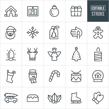 A set of solar Christmas icons that include editable strokes or outlines using the EPS vector file. The icons include a gingerbread house, calendar, Christmas ornament, gift, Sant Claus, snowflake, gift tag, candle, gingerbread man, Christmas lights, reindeer, angel, Christmas tree, Christmas stocking, snowman, candy cane, drums snow globe, bun cake, holly, ice skate and mittens to name a few.