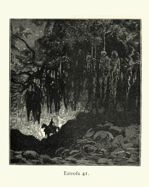 Vintage illustration from the story Orlando Furioso. Riding passed the gallows trees, hanging corpses. Orlando Furioso (The Frenzy of Orlando) an Italian epic poem by Ludovico Ariosto, illustrated by Gustave Dore. The story is also a chivalric romance which stemmed from a tradition beginning in the late Middle Ages.