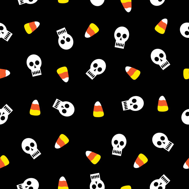 illustrazioni stock, clip art, cartoni animati e icone di tendenza di candy corn e teschi modello senza cuciture - halloween candy candy corn backgrounds