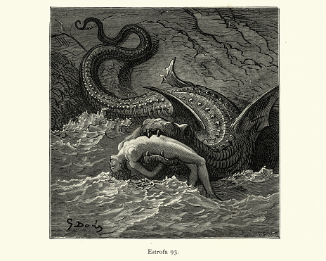 Vintage illustration from the story Orlando Furioso. Mythical sea monster devouring a woman. Orlando Furioso (The Frenzy of Orlando) an Italian epic poem by Ludovico Ariosto, illustrated by Gustave Dore. The story is also a chivalric romance which stemmed from a tradition beginning in the late Middle Ages.