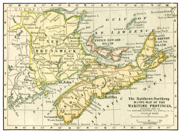New Brunswick and Nova Scotia map 1898 Map from the Complete Handy Atlas of the World - 1898 maritime provinces stock illustrations