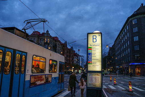 Gothenburg, Sweden - October 22, 2019: Berzeliigatan Tram and Bus Stop in Gothenburg City