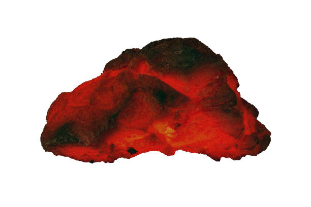 istock Red hot coal bar isolated on white background. Red burning coal mine isolated on white close up. Raw coal nugget on fire for power and fuel  industry 1182743712