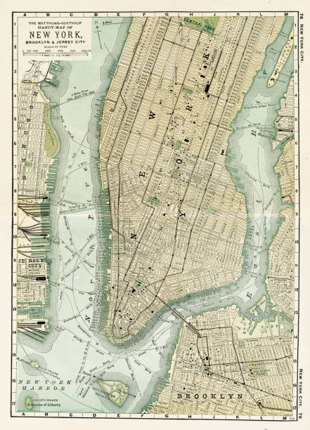 ilustraciones, imágenes clip art, dibujos animados e iconos de stock de mapa de la ciudad de nueva york 1898 - manhattan