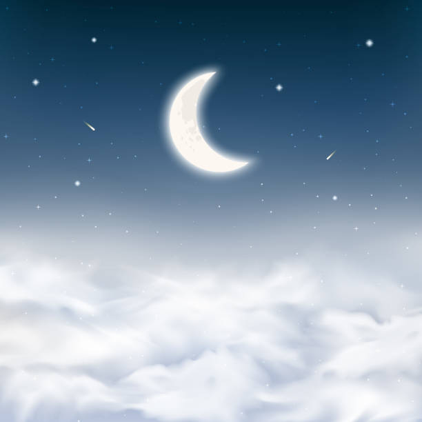 Midnight sky background with crescent moon, stars, comets, realistic dense clouds. Starry night sky above clouds. Peaceful scene night sky background with half moon. Vector Illustration. Midnight sky background with crescent moon, stars, comets, realistic dense clouds. Starry night sky above clouds. Peaceful scene night sky background with half moon. Vector Illustration. half moon stock illustrations
