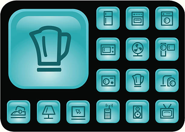 ilustraciones, imágenes clip art, dibujos animados e iconos de stock de casa electrónica botones - electricity technology shiny turquoise