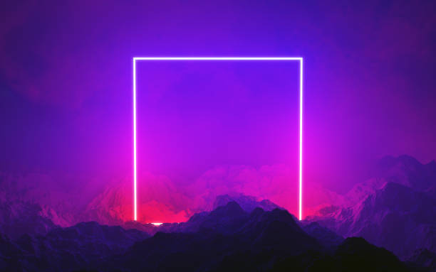 istock Neon light frame glowing in rocks. Energy square, show 1182745897