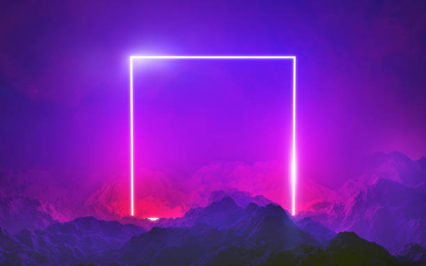 istock Neon light frame glowing in rocks. Energy square, show 1182746286