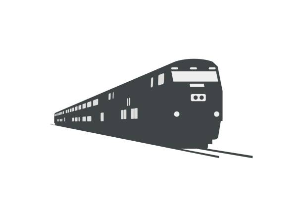 illustrazioni stock, clip art, cartoni animati e icone di tendenza di treno a due piani trainato da locomotiva diesel elettrica. stile silhouette con vista prospettica. - diesel locomotive