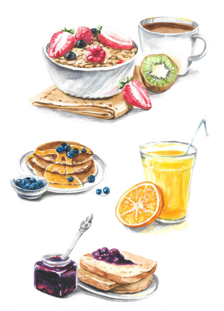 istock Different breakfast - juice, jam, pancakes, coffee, bread, muesli 1182749039