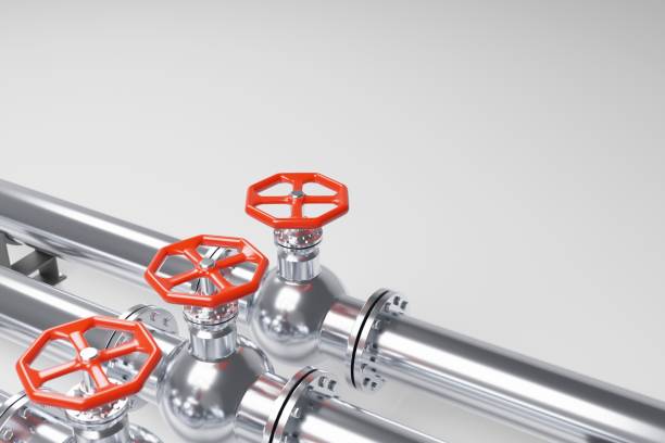istock Stainless steel pipelines with red valves on white background. Digital 3D render image. 1182749196