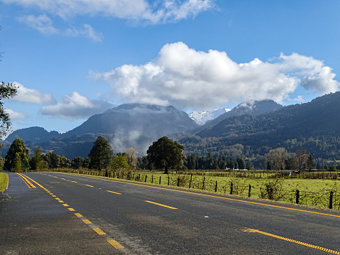 General view of the road surrounding Ranco Lake between Futrono and Lago Ranco in southern Chile.
