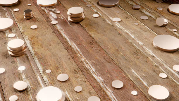 istock Creative wooden background with gold coins and empty space in the center. 3D render illustration. 1182752593