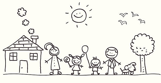 ilustrações de stock, clip art, desenhos animados e ícones de ilustração de família feliz com mãe, pai, crianças mulher - drawing child childs drawing family