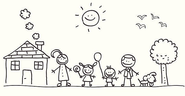illustration of happy family with mother,father,children cartoon  family drawing stock illustrations