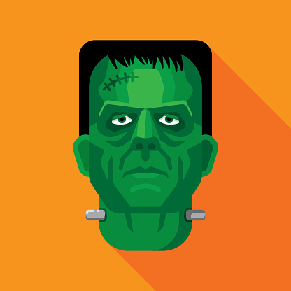 Vector illustration of Frankenstein's monster's face against an orange background in flat style.