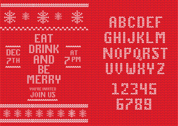 Vector illustration of a Knitted Christmas Invitation design template with set of alphabet font design. Easy to edit. EPS 10.