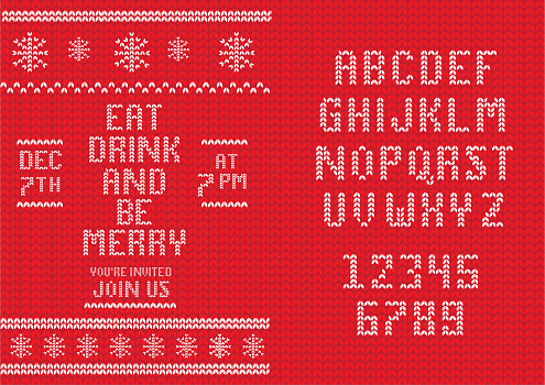 Vector illustration of a Knitted Christmas Invitation design template with set of alphabet font design. Easy to edit. EPS 10.