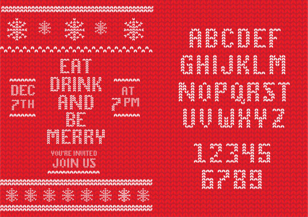 Knitted Christmas Invitation design template with set of alphabet font design Vector illustration of a Knitted Christmas Invitation design template with set of alphabet font design. Easy to edit. EPS 10. sweater stock illustrations