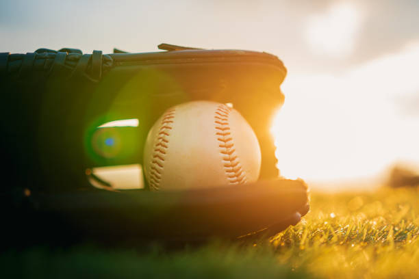 太陽光線とレンズフレアライトで夕日の日没時に芝生の中の手袋で野球 - 野球 ストックフォトと画像
