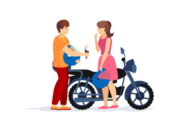 illustrations, cliparts, dessins animés et icônes de couples de cavaliers dans l'amour sur la page d'atterrissage de site web de moto - motorcycle motor scooter couple young adult