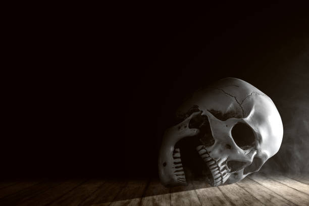 istock Human skull on wooden table 1182776572