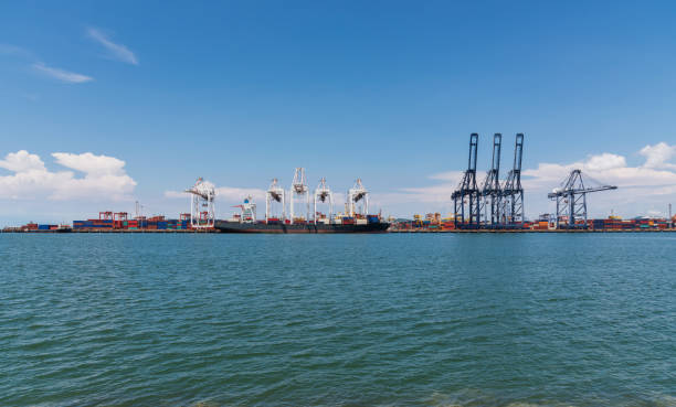 istock Cranes loading containers on large port cargo transport 1182779040