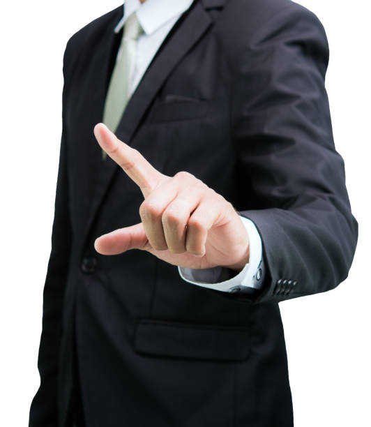 istock Businessman standing posture show hand isolated 1182780056