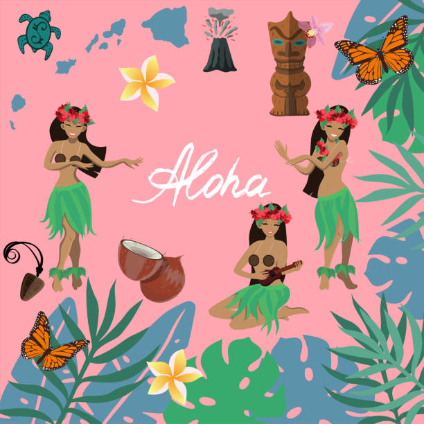 traditionelle symbole der hawaiianischen kultur gesetzt, hibiskus blume, mädchen tanzen hula und spielen ukulelen, inseln, volan, schmetterlinge, plumeria, idol, maskottchen, rahmen von blättern vektor-illustration. - hawaii islands luau hula dancing hawaiian culture stock-grafiken, -clipart, -cartoons und -symbole