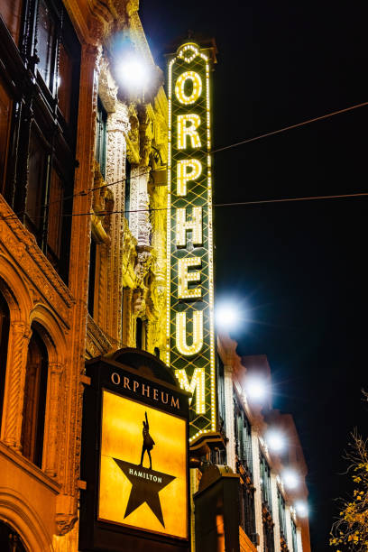 Night view of the SHN Orpheum Theatre in San Francisco Oct 16, 2019 San Francisco / CA / USA - Night view of the SHN Orpheum Theatre facade on Market Street;  The successful musical Hamilton is being played at this moment at the venue box office photos stock pictures, royalty-free photos & images