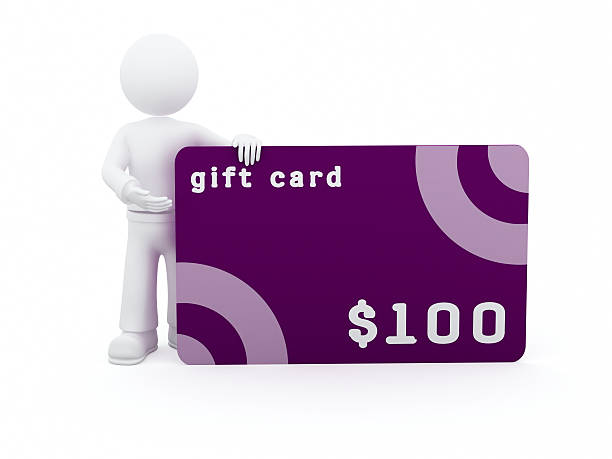 A 3D white character holding a purple $100 gift card stock photo