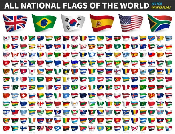 Vector illustration of All national flags of the world . Waving flag design . White isolated background . Element vector .