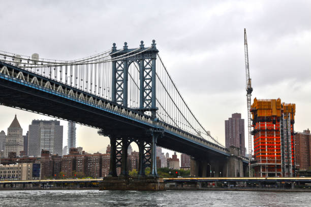 Manhattan Bridge New York shot from the boat on river, processed in HDR